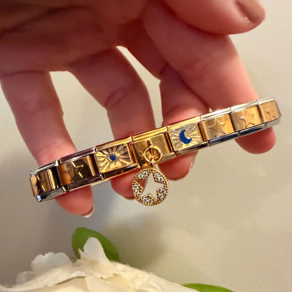 Celestial Star Wrap Italian Charm Bracelet with Open Star Rhinestone Pendant